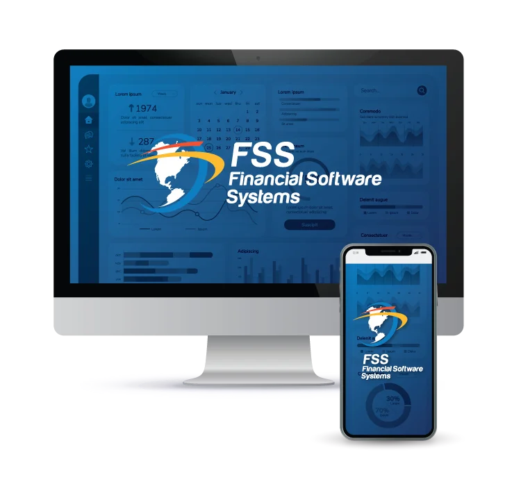 FSS software mockup on iMac and iPhone, blue overlay with FSS logos on top