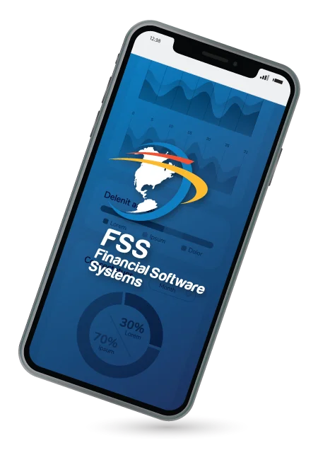 FSS loan software displayed on mobile phone, blue screen and FSS logo in front