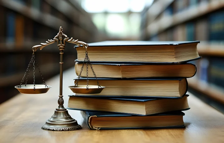 stack of law related books with justice scales representing compliance